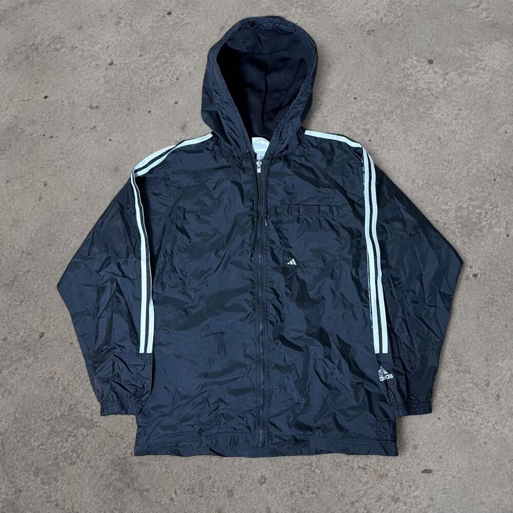 Vintage 1990’s Adidas Black and White Striped Hooded Track Jacket Men’s Size Med